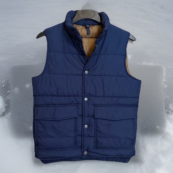 Lands End Puffer Vest Men’s Navy w/Brown Lining, NWOT, Sz Medium - Picture 1 of 9